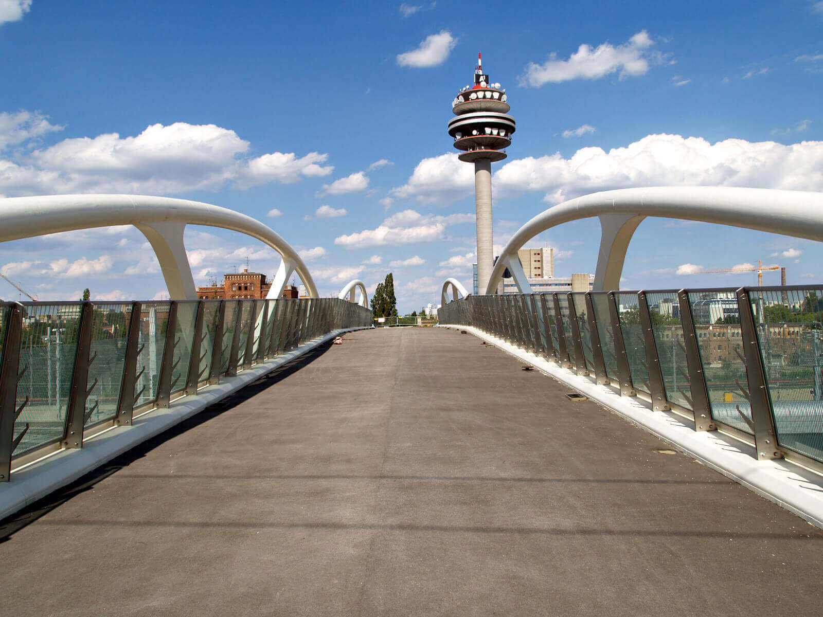 Bridge Vienna central station view onto Arsenal radio tower